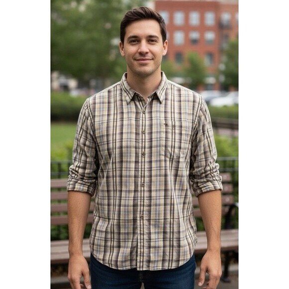 Tommy Bahama Shirt Men XXL Beige Plaid Check Long Sleeve Button Down - Picture 1 of 9